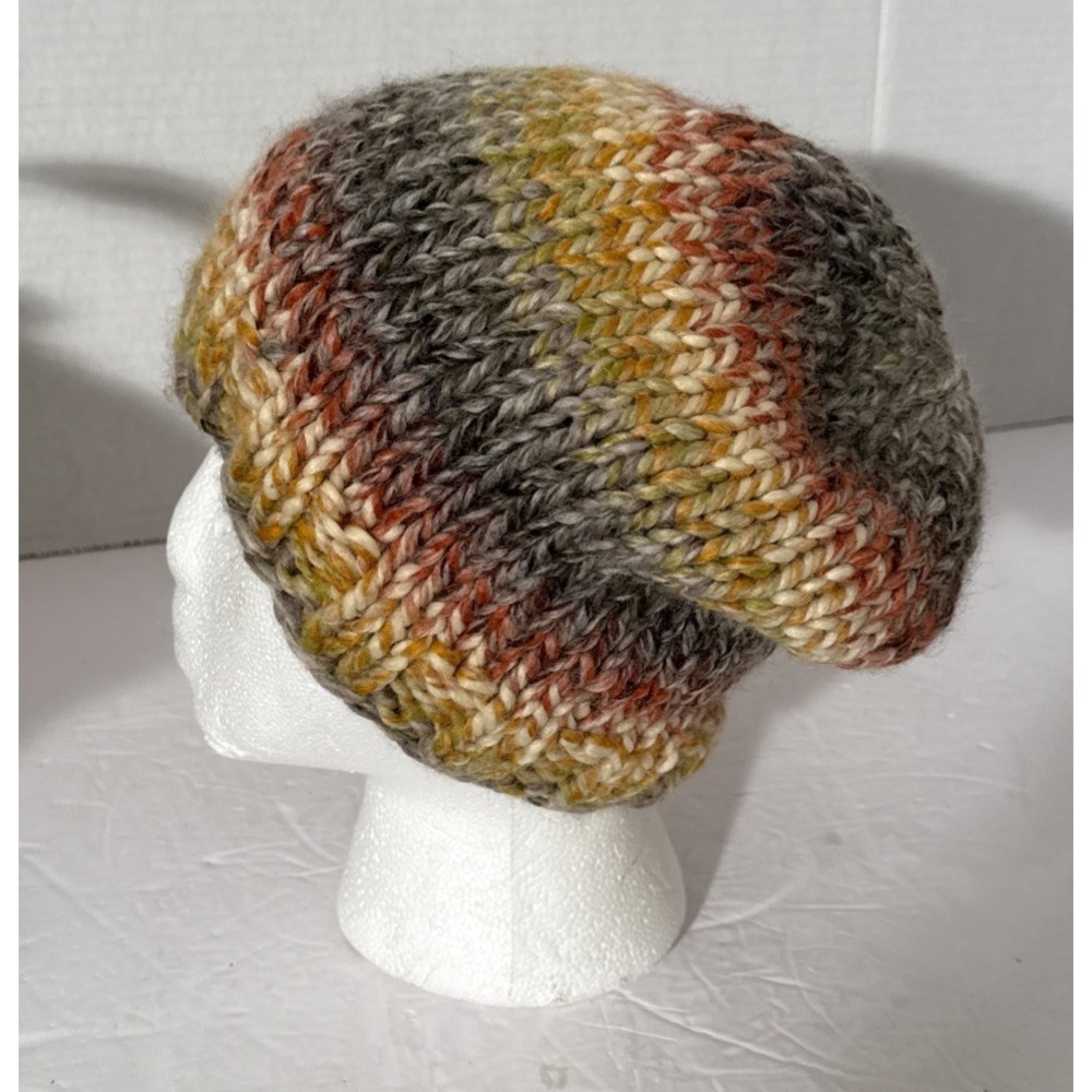 Hand Knit Beanie Hat Multicolored Self-Striping Yarn- Greens Yellow Burnt Orange